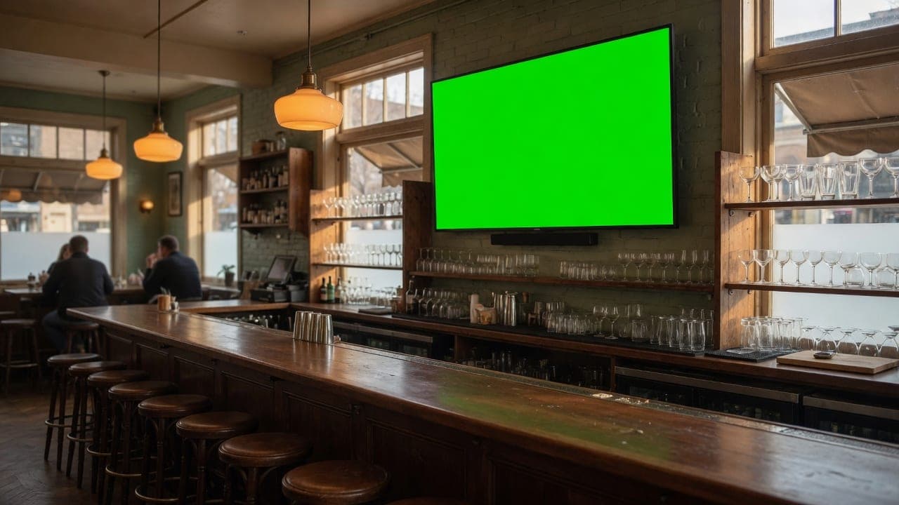Bar with a wall-mounted DealerSign display above the back bar showing drink specials and events