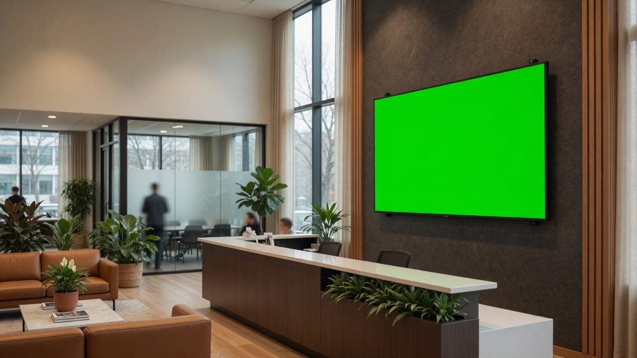Office reception with a wall-mounted DealerSign display welcoming visitors and showing company news