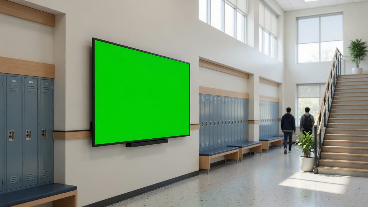School atrium with a wall-mounted DealerSign display showing announcements and today’s schedule