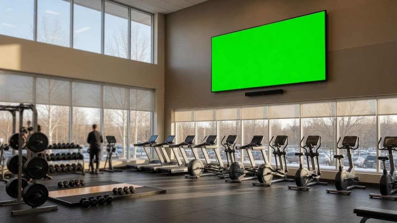 Gym floor with a wall-mounted DealerSign display showing the class schedule