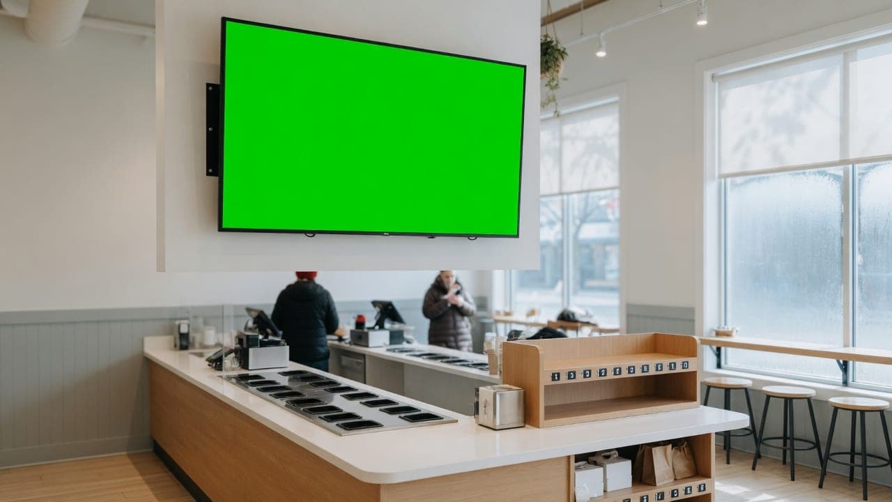 Quick-service ordering counter with a wall-mounted DealerSign menu board above it