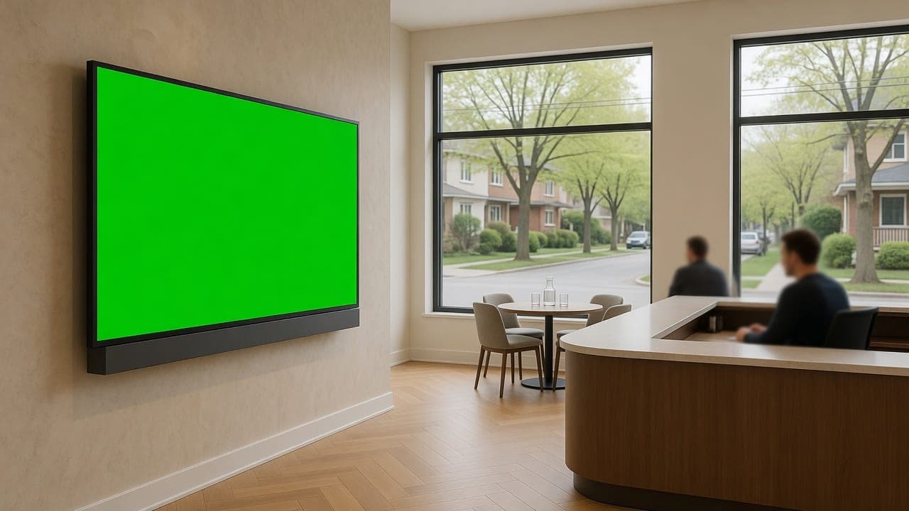 Real estate office reception with a wall-mounted DealerSign display showing featured listings