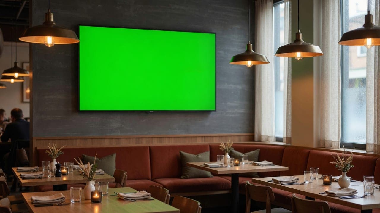 Restaurant dining room with a wall-mounted DealerSign display playing the menu and tonight’s specials