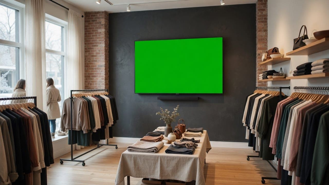 Retail boutique with a wall-mounted DealerSign display showing new arrivals and promotions