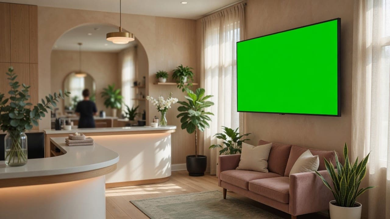 Salon reception with a wall-mounted DealerSign display showing services and a check-in QR code