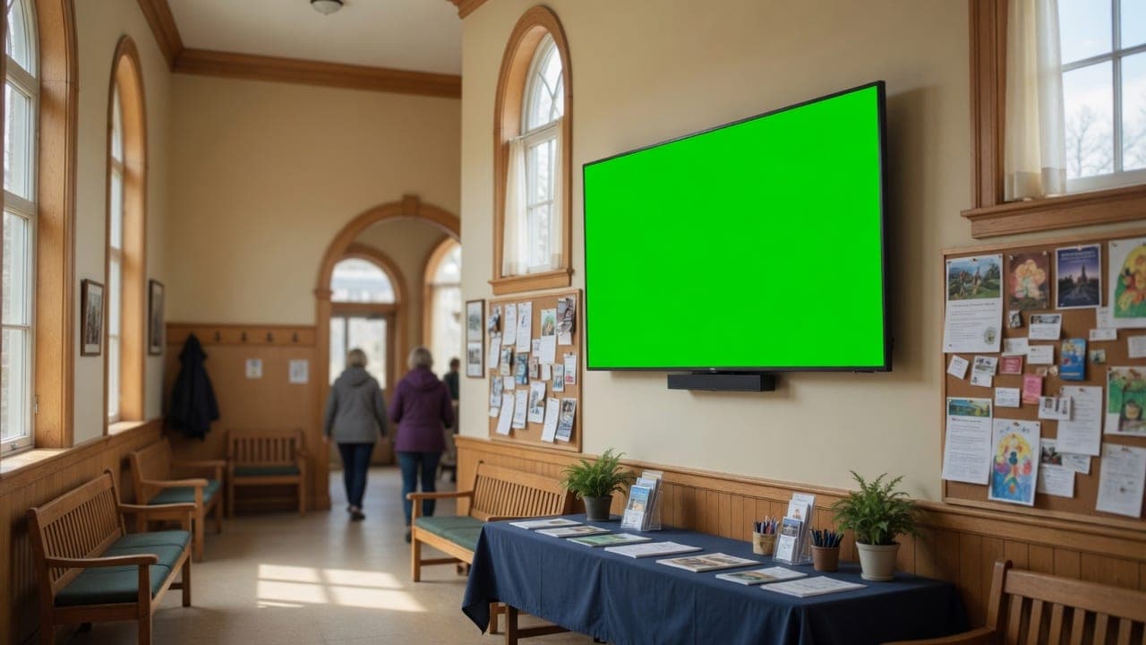 Church lobby with a wall-mounted DealerSign display showing a welcome and this week’s events