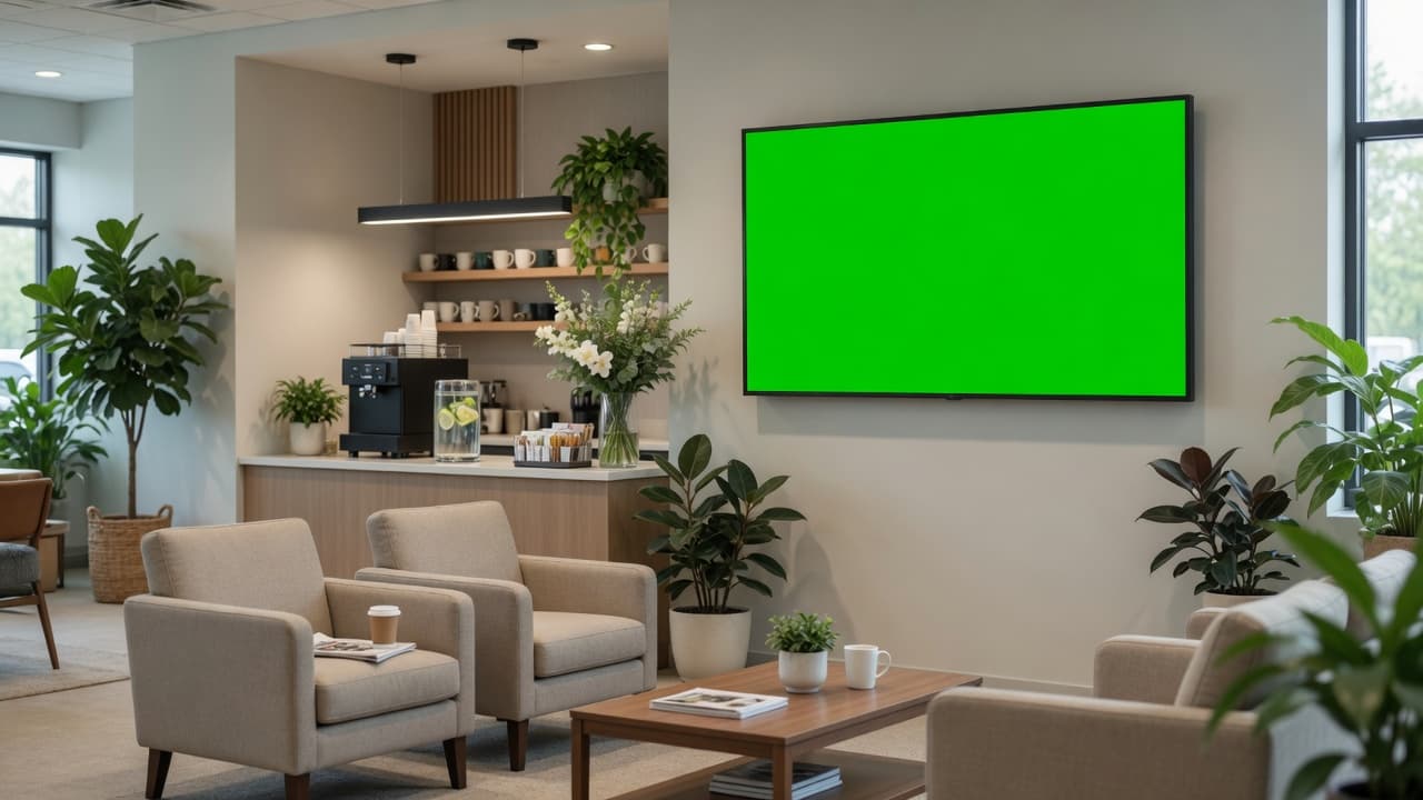 Customer lounge with a DealerSign display showing a welcome message and service specials