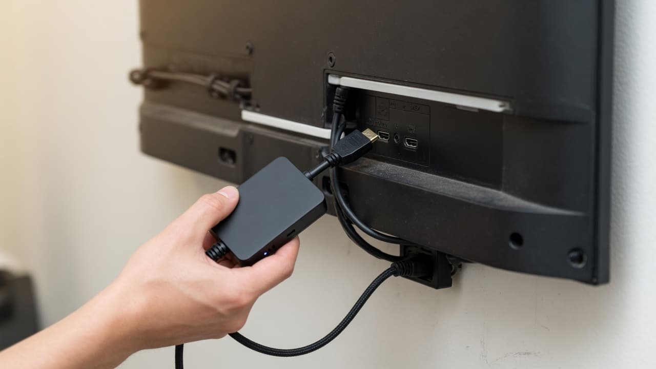 Installer plugging the Signage Player into the HDMI port of an existing TV
