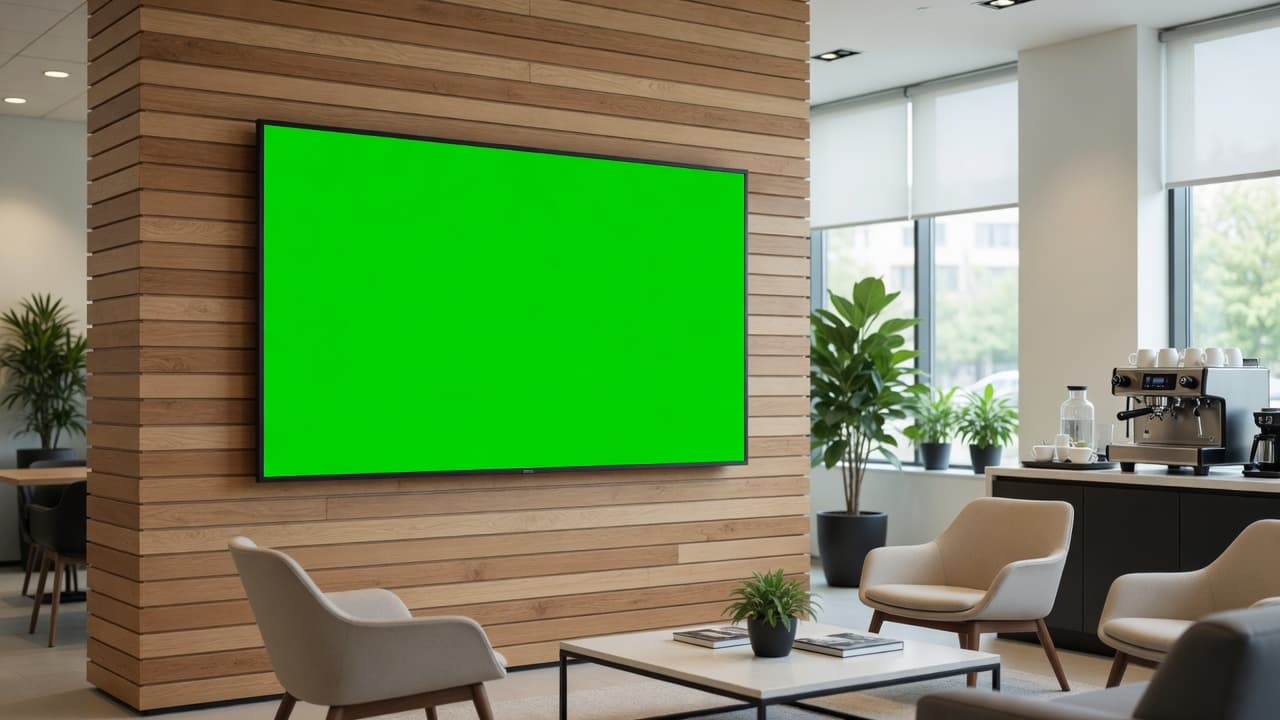 Dealership service waiting room with a wall-mounted DealerSign display showing a welcome, live service status and a Customer Connect QR code
