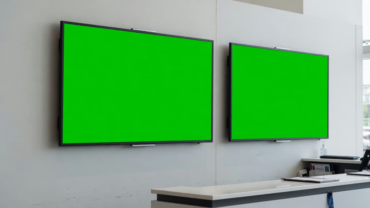 Service advisor counter with two wall-mounted displays, each with its own player and its own content