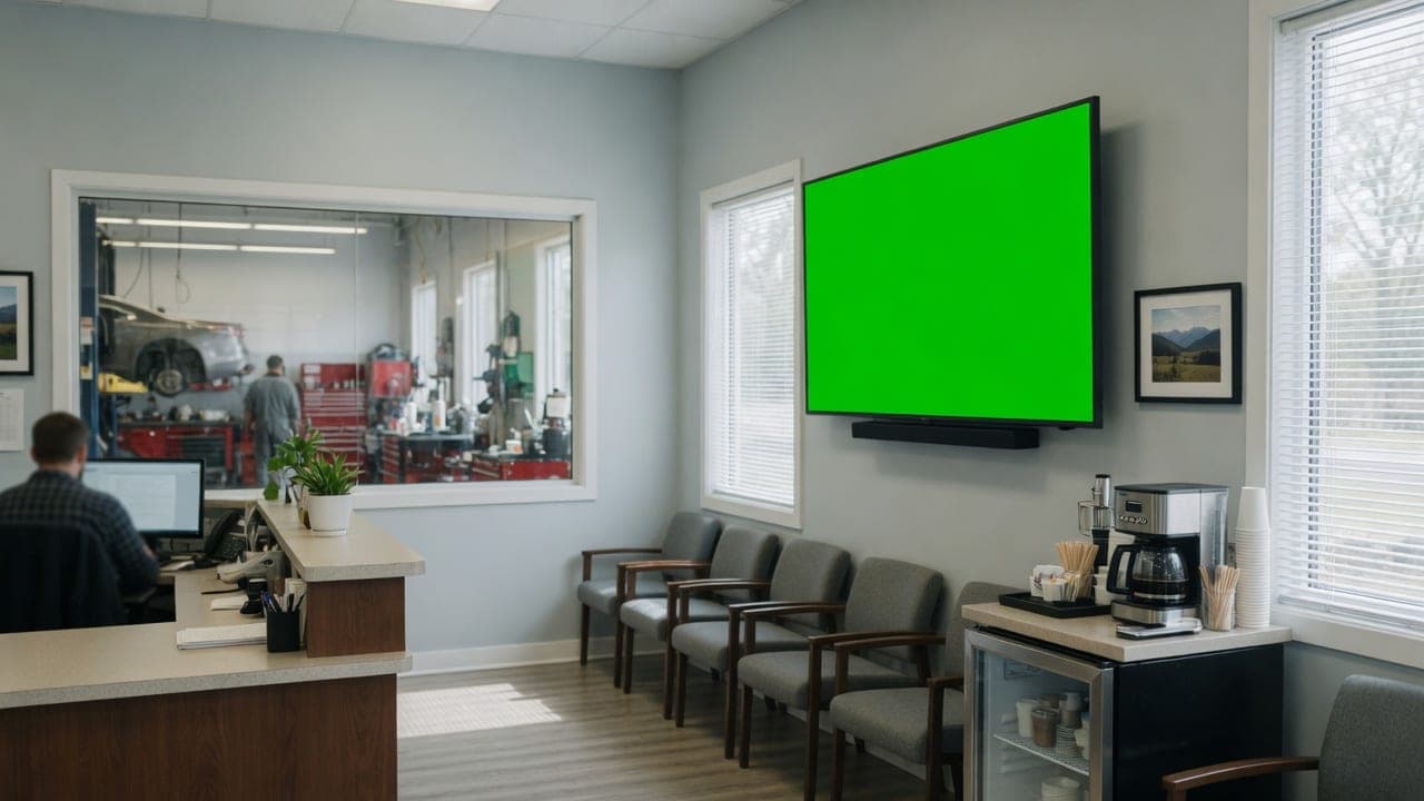 Auto repair shop waiting area with a wall-mounted DealerSign display showing service status and specials
