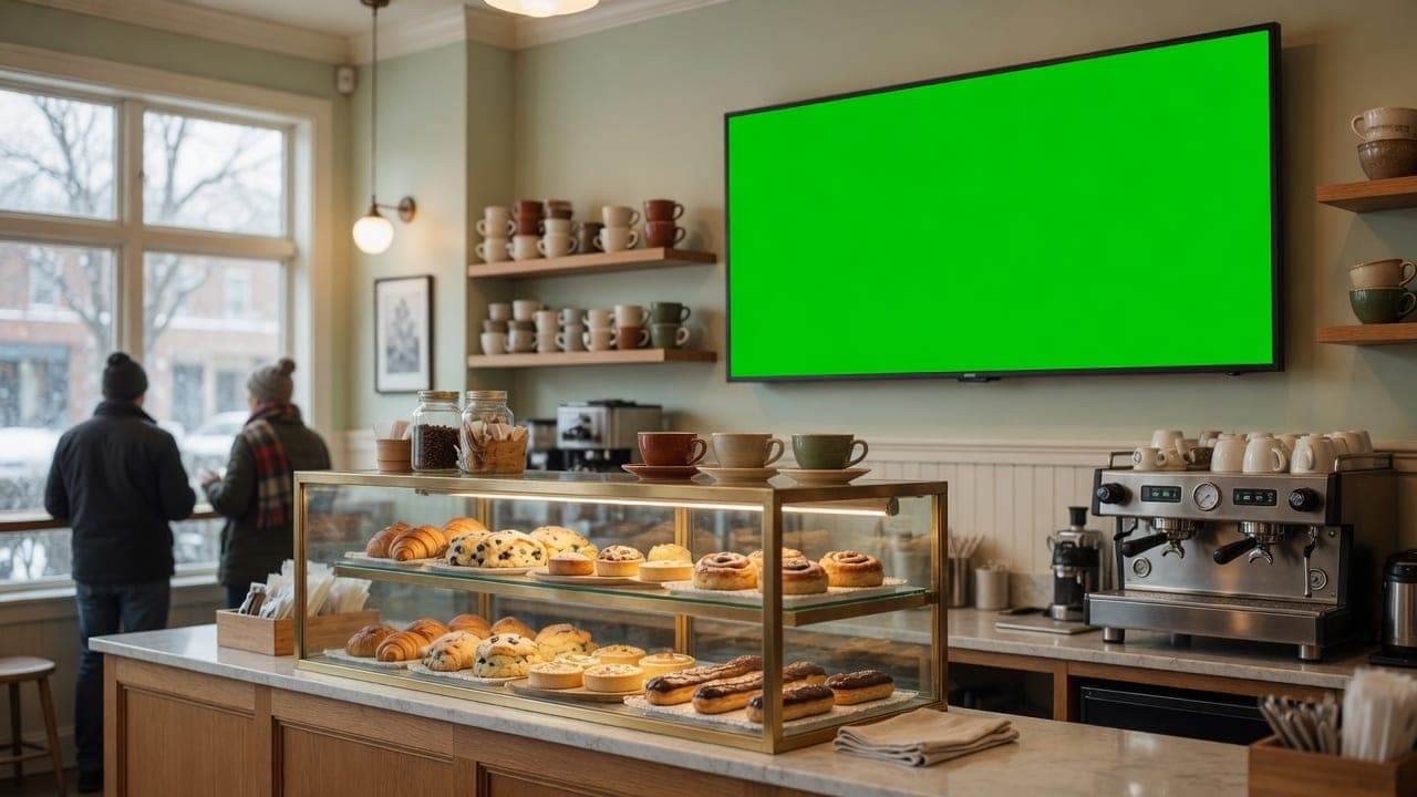 Café counter with a wall-mounted DealerSign display above the pastry case showing the menu