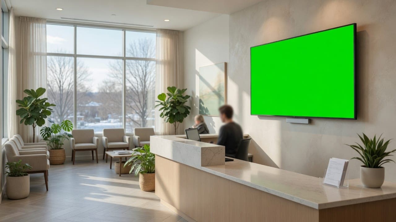 Dental office waiting area with a wall-mounted DealerSign display showing a welcome and office information