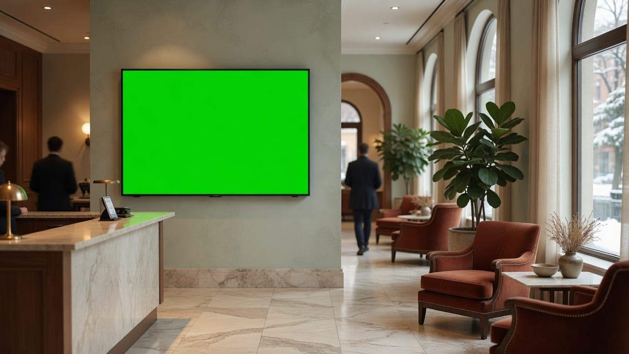 Hotel lobby with a wall-mounted DealerSign display beside reception showing a welcome and today’s events