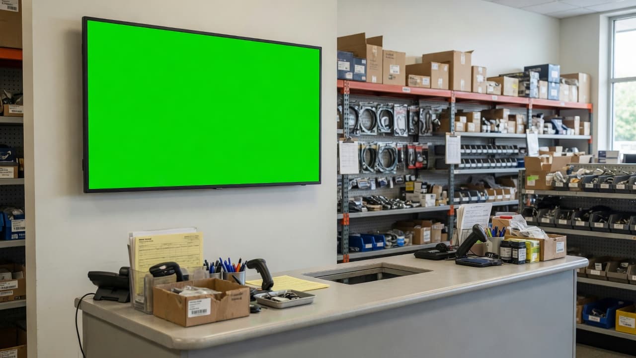 Parts counter with a wall-mounted DealerSign display showing parts and service specials