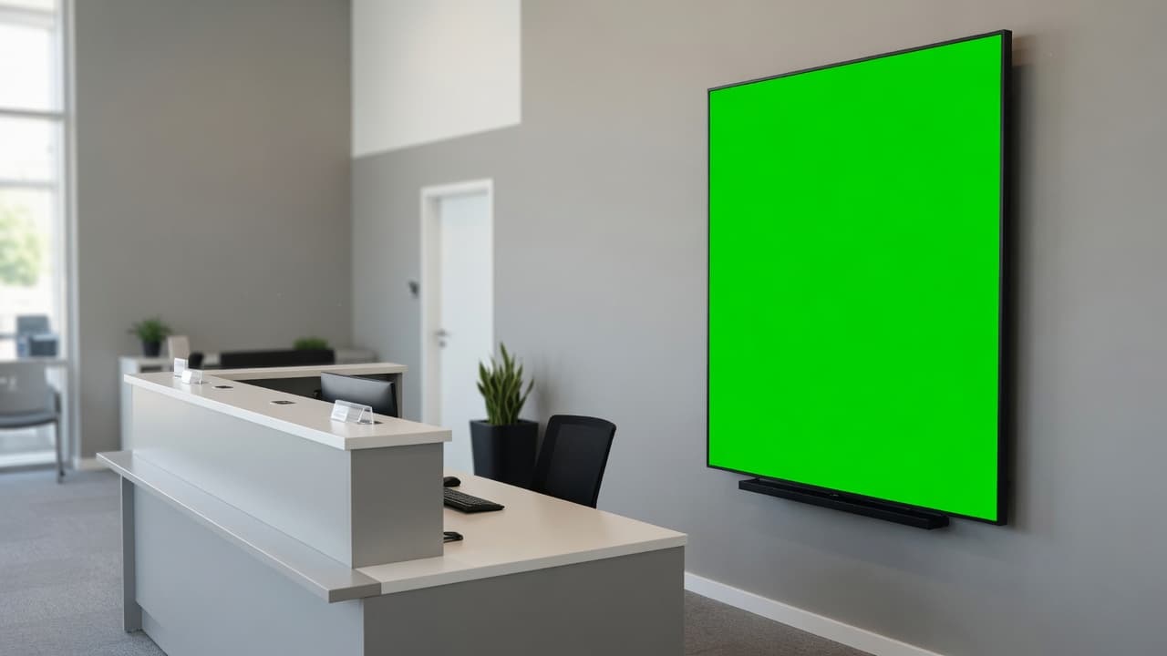 Service reception with a wall-mounted portrait DealerSign display beside the advisor desk