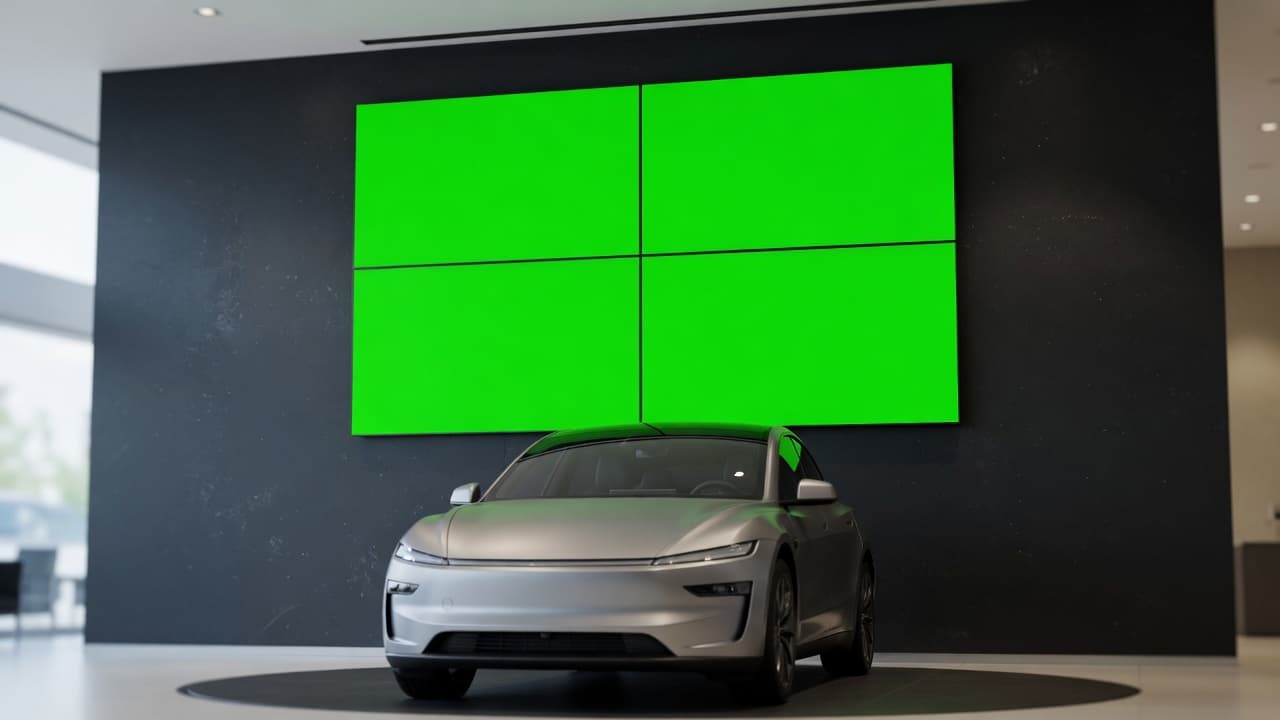 Showroom video wall of four wall-mounted displays playing one DealerSign vehicle spotlight